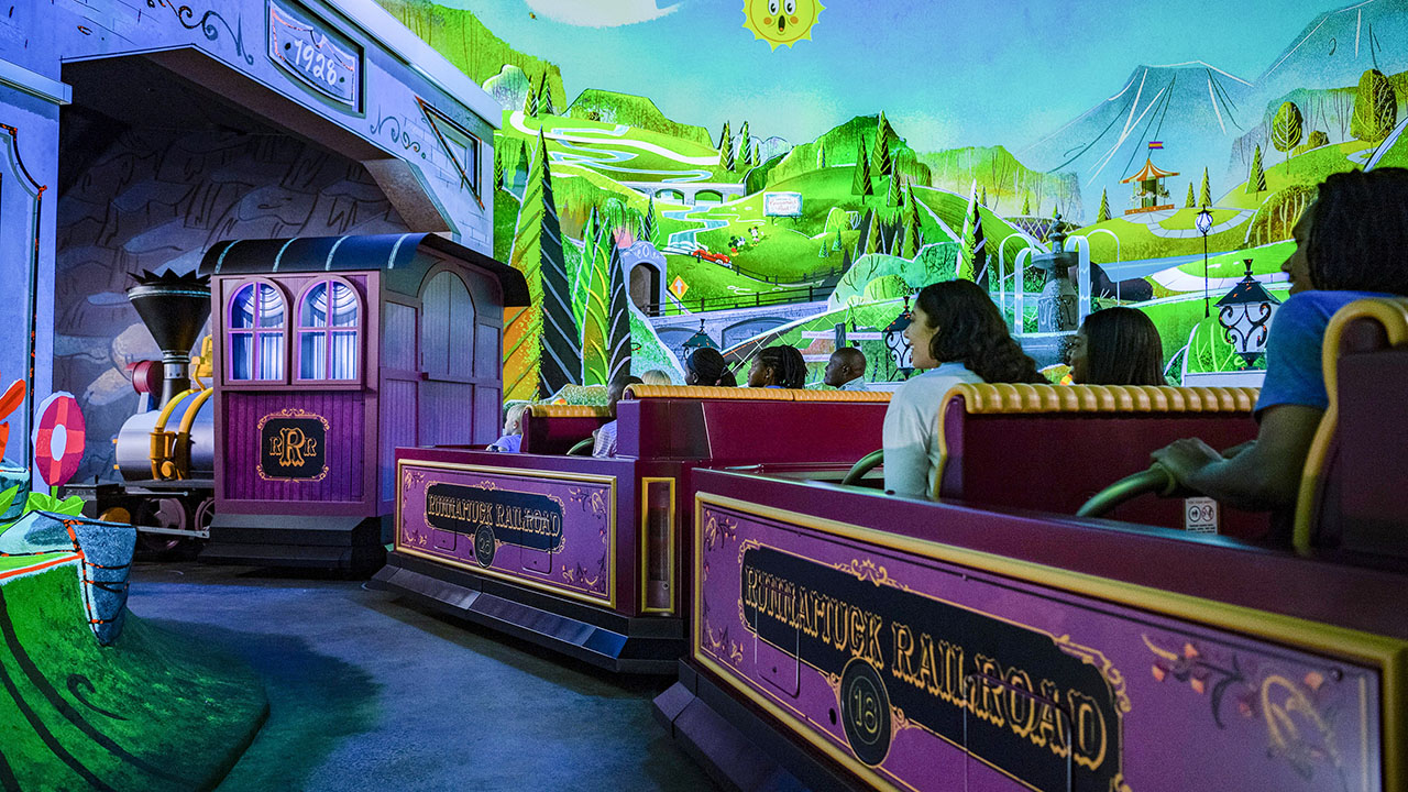 Guests board Runnamuck Railroad and journey into Runnamuck Park as part of Mickey & Minnie’s Runaway Railway, opening March 4, 2020, in Disney’s Hollywood Studios at Walt Disney World Resort in Lake Buena Vista, Fla. The first ride-through attraction in Disney history featuring Mickey Mouse and Minnie Mouse brings guests into the vibrant world of “Mickey Mouse” cartoon shorts. (Matt Stroshane, photographer)