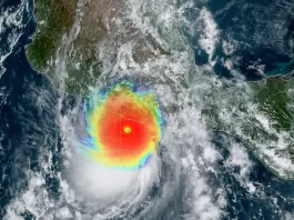 Imagen satelital y térmica del Huracán Otis, créditos: NOAA